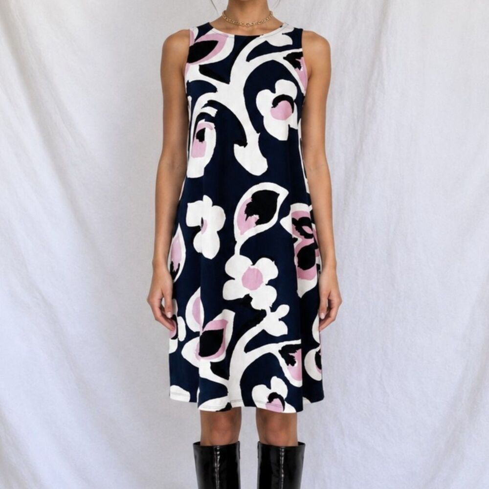 Vintage Y2K Blue Knit Sleeveless Floral Print Knee Length Shift Dress Size MP